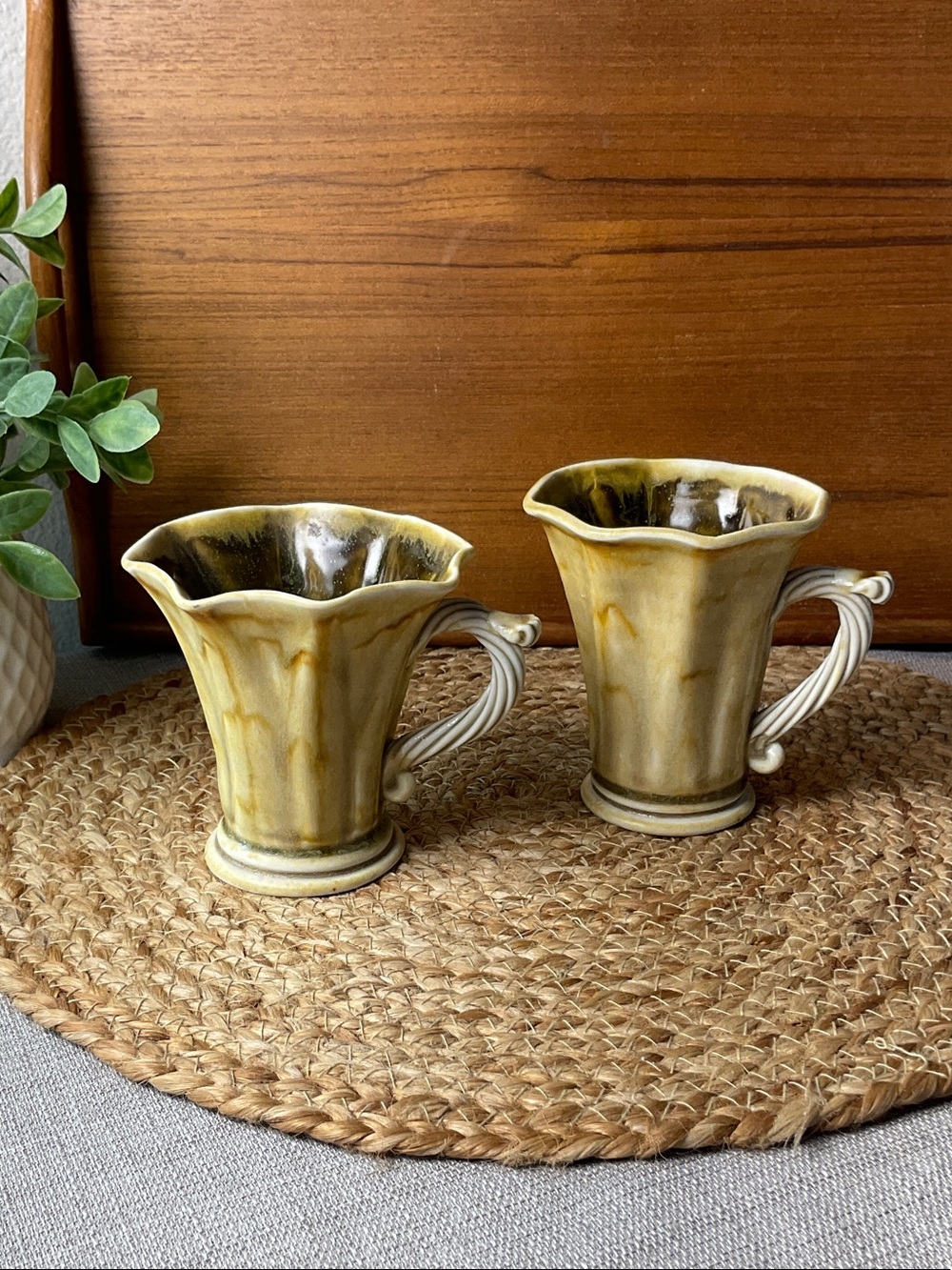 Signed Studio Pottery Mugs Pair Yellow Green Drip Glaze Artisan Stoneware